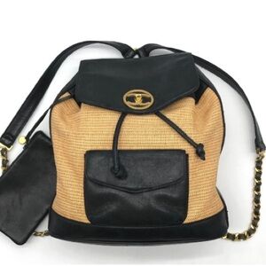 Chanel Rare 90s Vintage Natural Rattan Raffia Rare Black Leather Backpack
